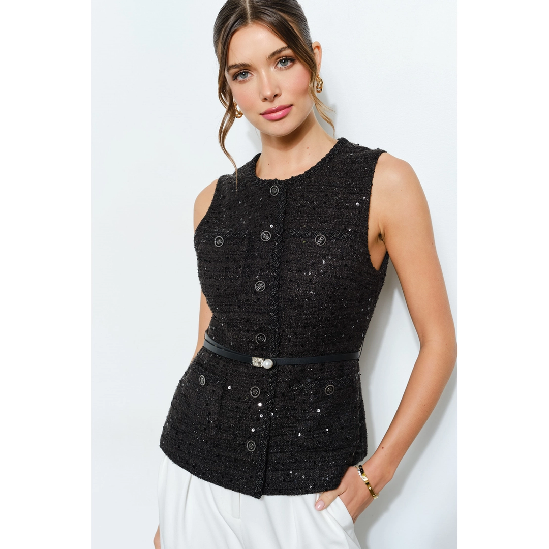 Belted Sequin Tweed Sleeveless Top