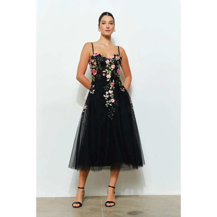 Floral Embroidered Sweetheart Tulle Midi Dress
