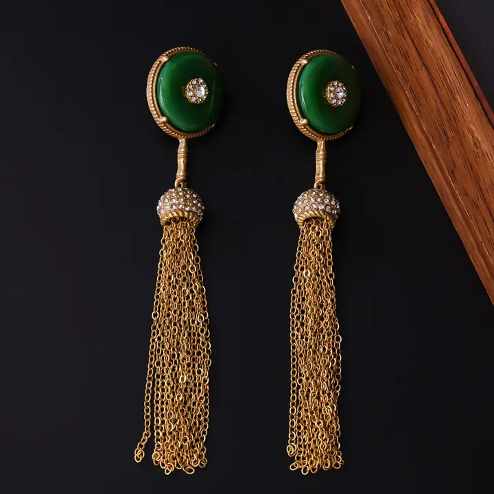 Vintage Green Stone Tassel Drop Earrings