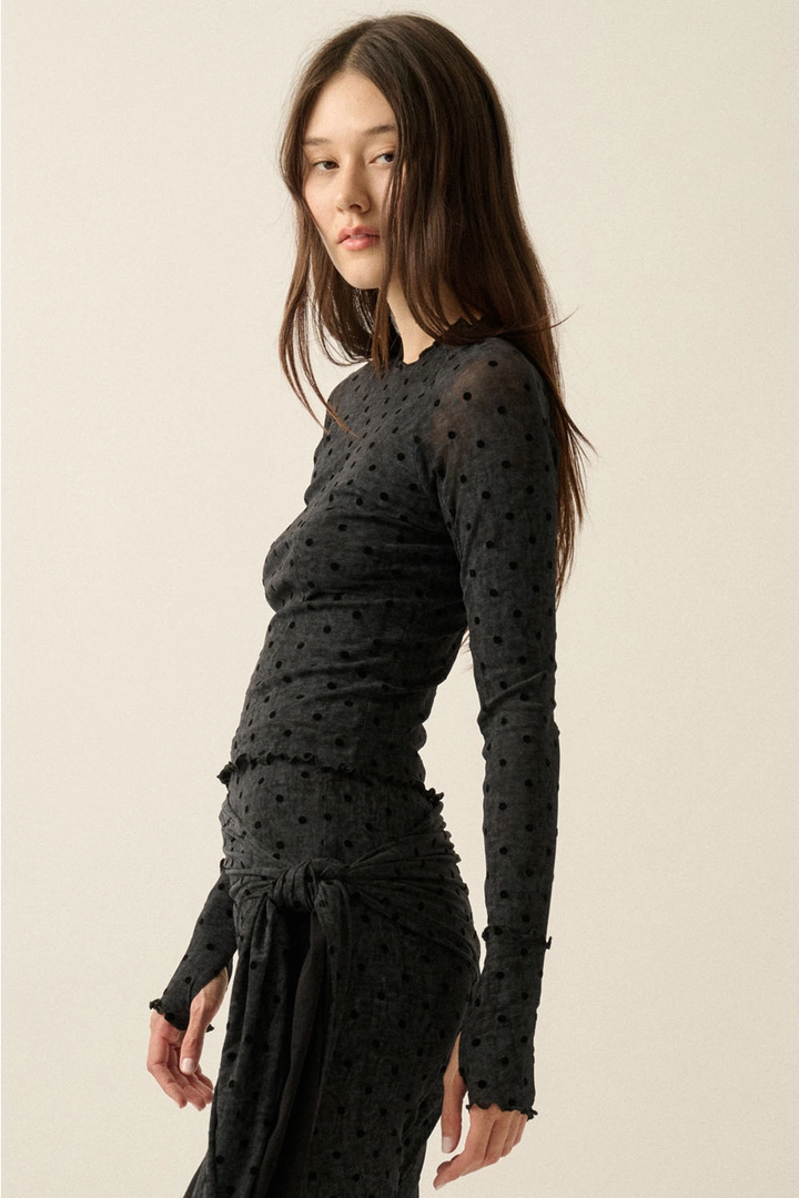 Flocked Polka Dot Burnout Mesh Thumbhole Top
