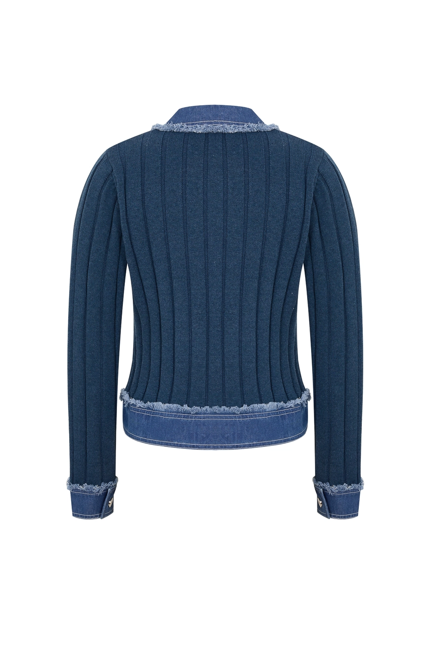 Rib Knit Denim Look Jacket with Contrast