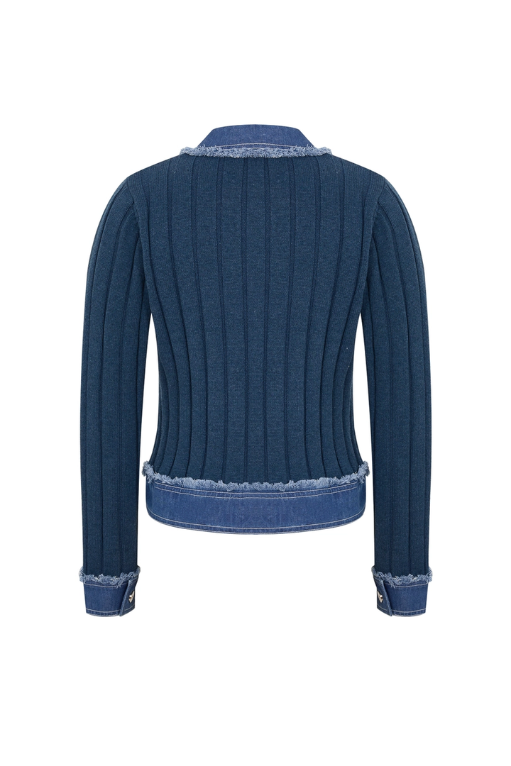 Rib Knit Denim Look Jacket with Contrast