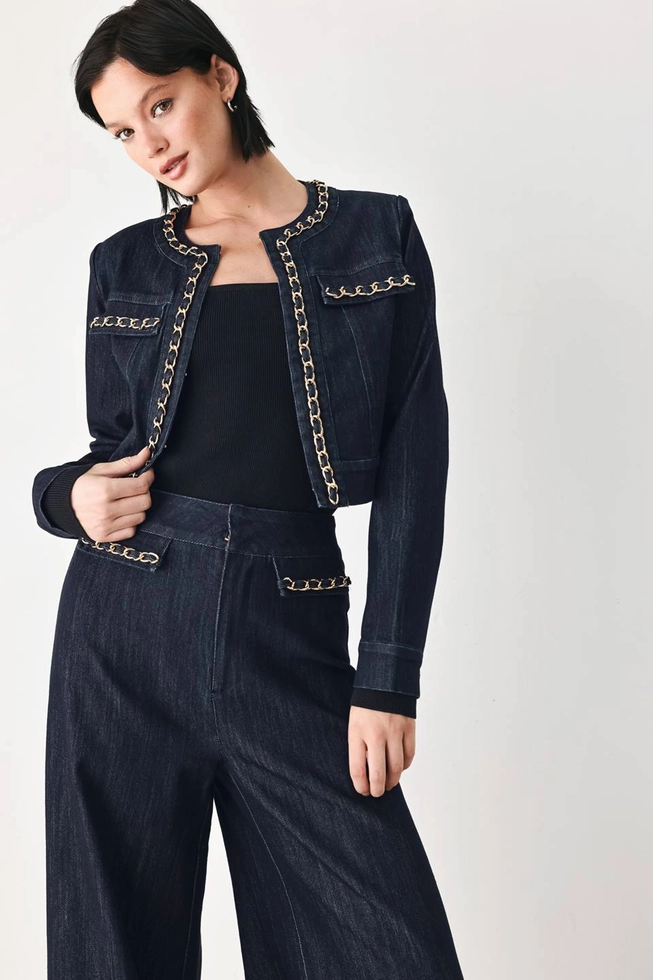 Chain Trim Denim Crop Jacket