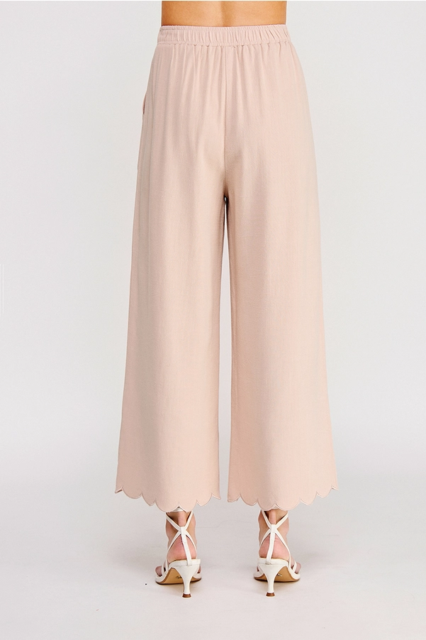 Soft Linen Blend Scallop Hem Elastic Waist Pant