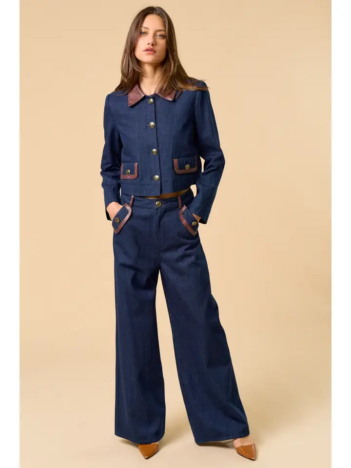 Denim Button Down Jacket with Contrast