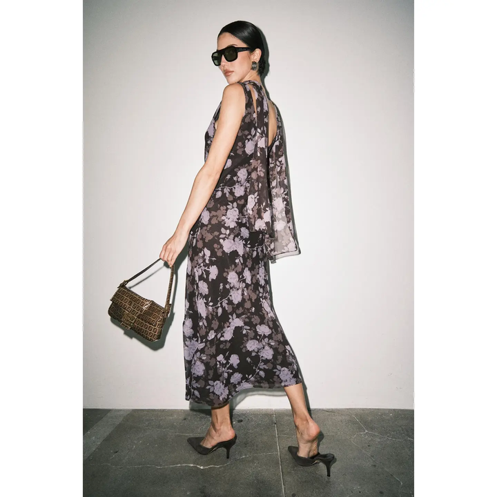 Noelle Sheer Chiffon Floral Cowl Neck Sleeveless Maxi Dress