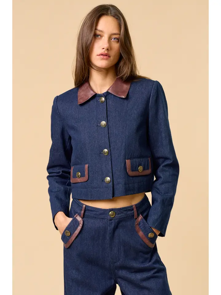 Denim Button Down Jacket with Contrast