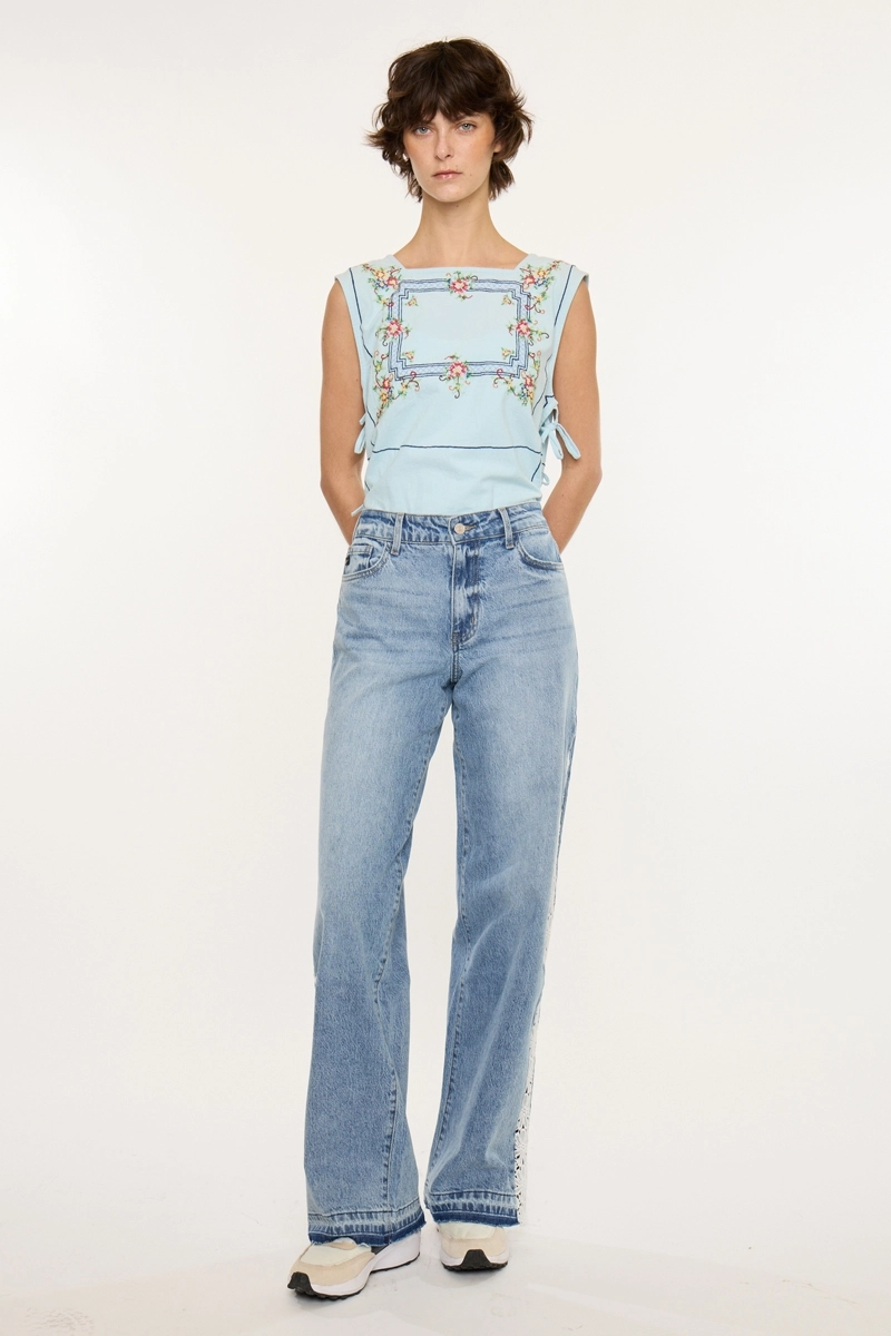 High Rise Lace Trim Wide Leg Jean