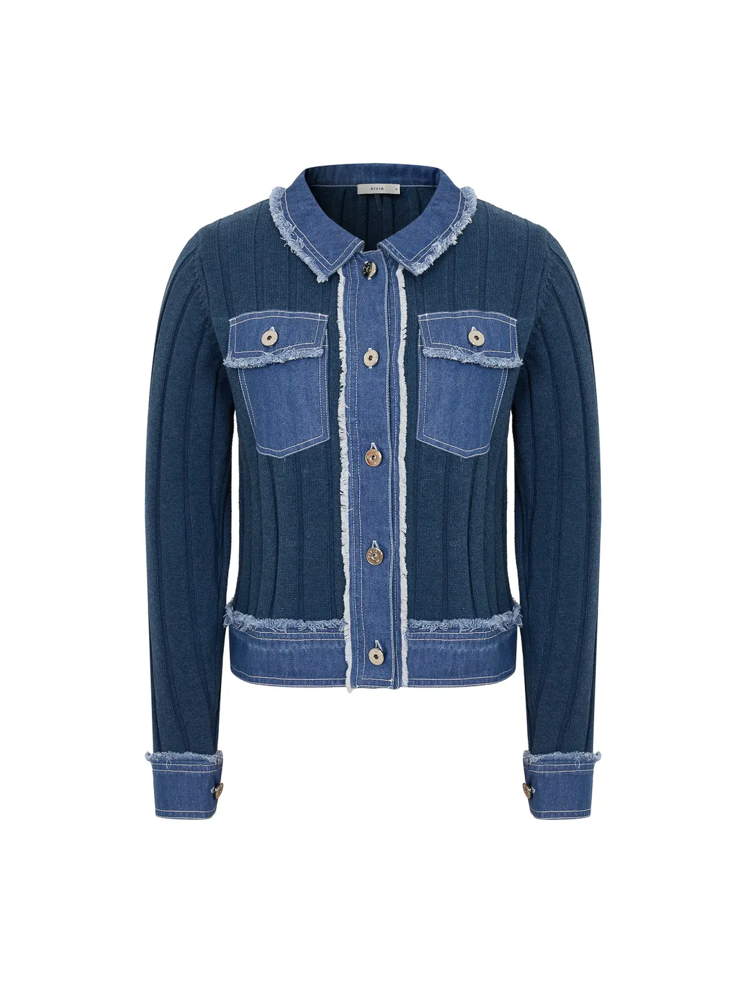 Rib Knit Denim Look Jacket with Contrast