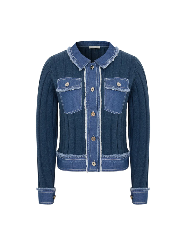 Rib Knit Denim Look Jacket with Contrast