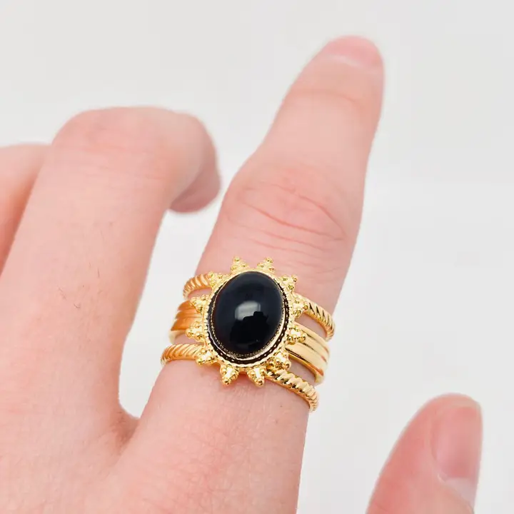 Inlaid Obsidian 18K Gold Plated Stainless Steel Ring