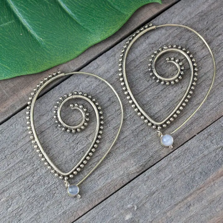 Brass Spotted Stone Drop Spiral Earrings