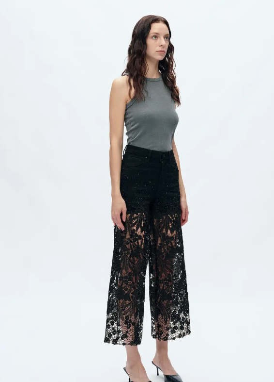 Black High Rise Wide Leg Jeans with Lace Spliced