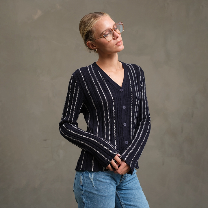 Slim Wavy Stitch Button Cardigan