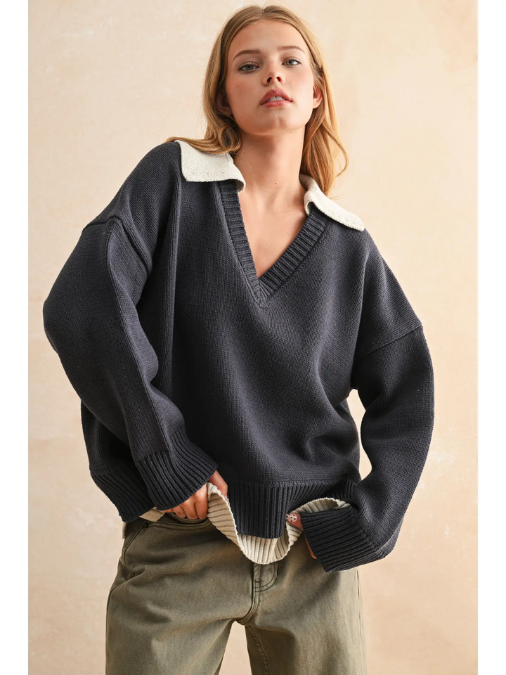 Color Combo V-Neck Sweater Top