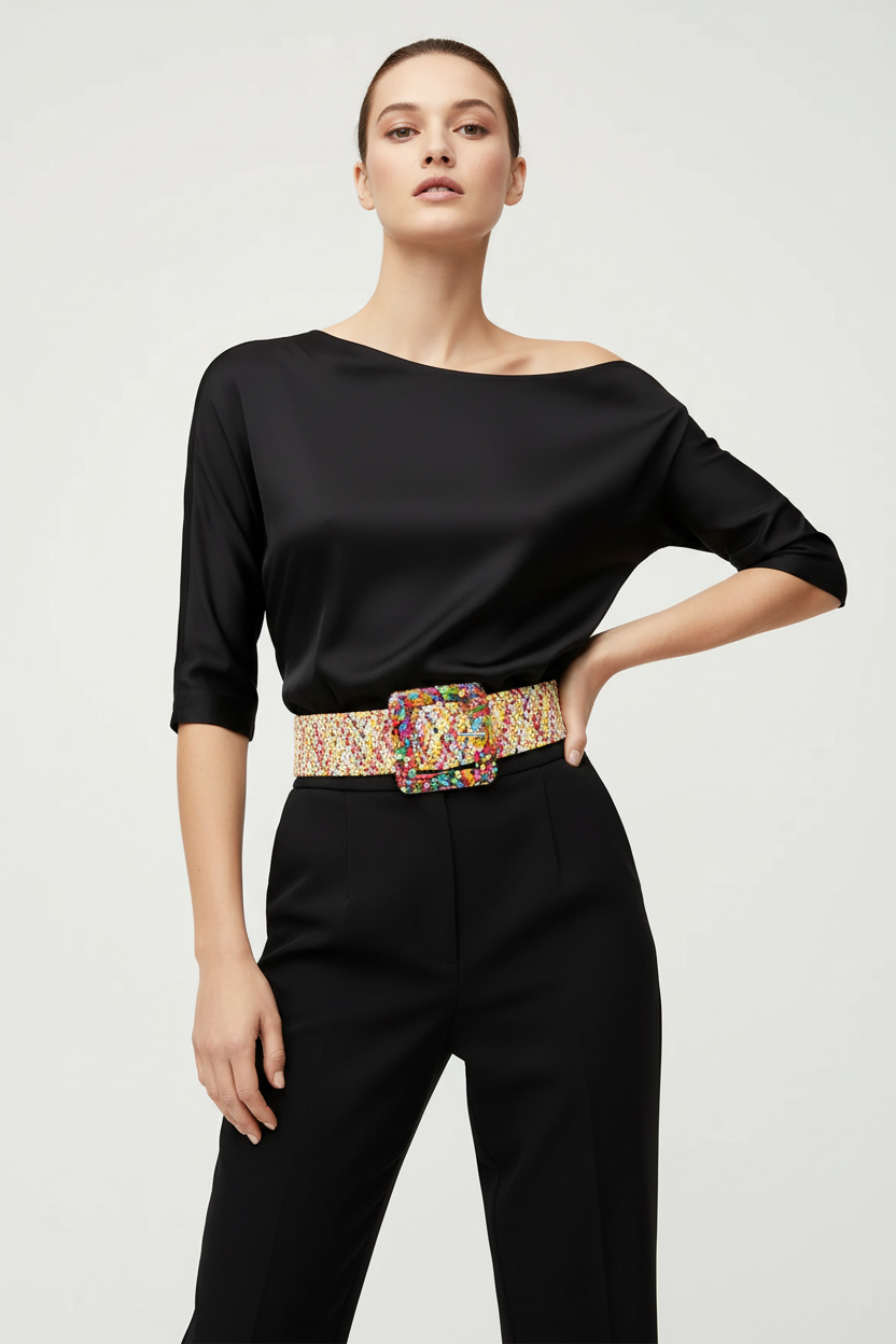 Model in black outfit with raffia belt