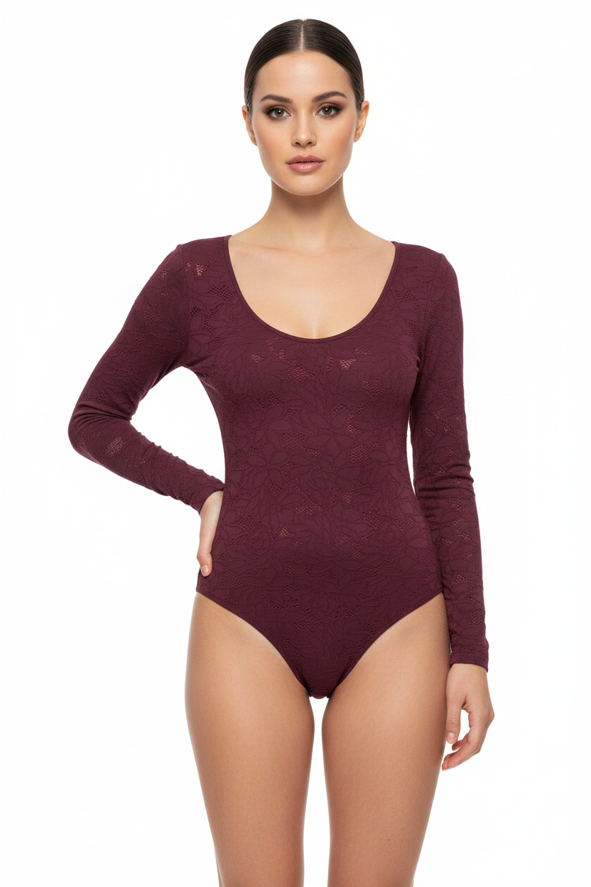 Model wearing fig lace bodysuit - clean