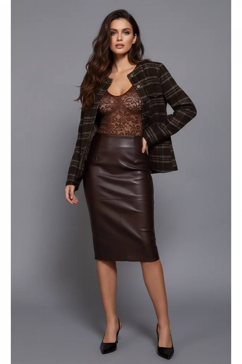 Model wearing Round Neck Brushed Plaid Jacket with French Roast Lace Bodysuit and Laila Vegan Leather Pencil Skirt