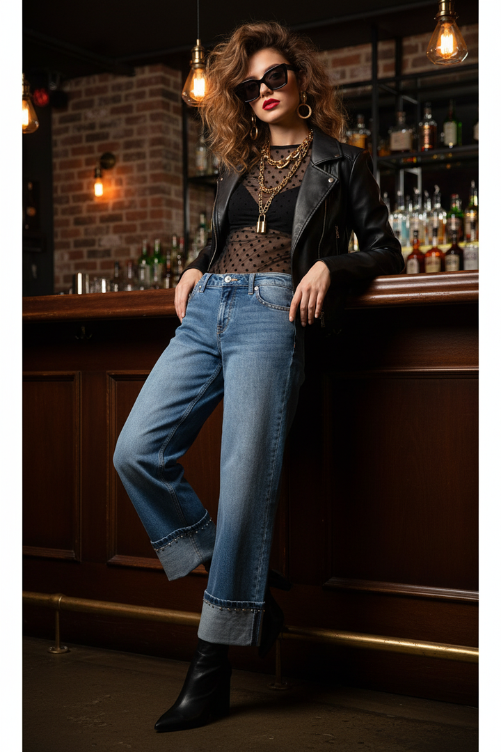 Model with studs outlining front pockets in NYC bar