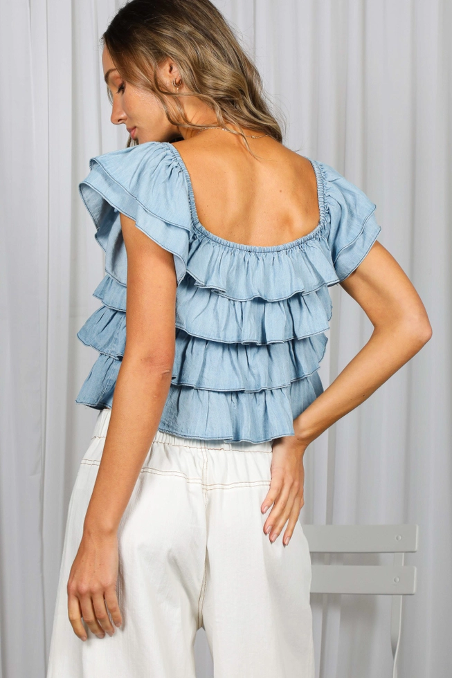Tiered Flutter Sleeve Chambray Top