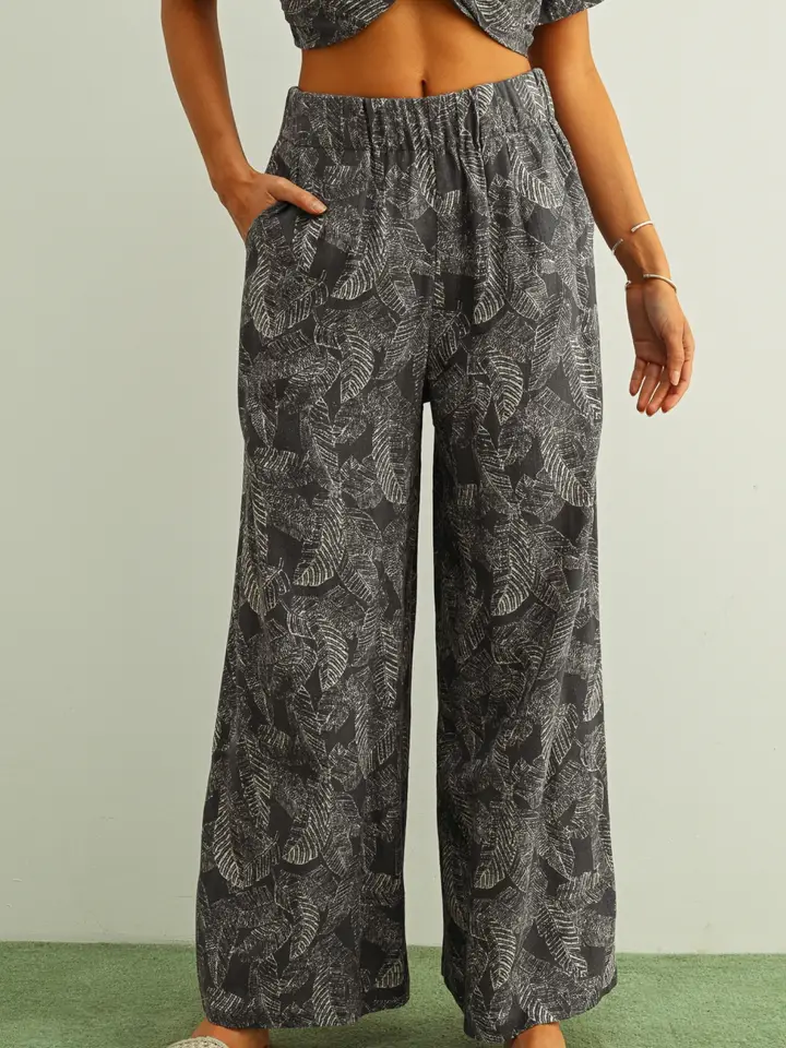 Leaf Print Faded Effect Pants
