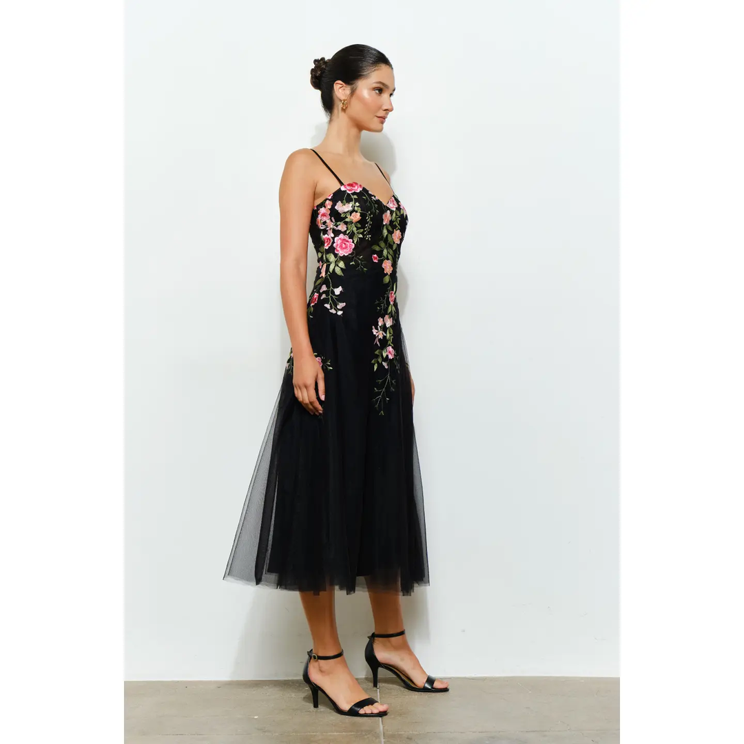 Floral Embroidered Sweetheart Tulle Midi Dress
