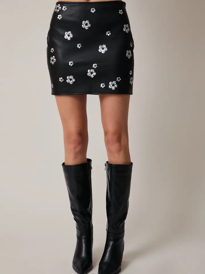 Daisy Sequin Leather Mini Skirt