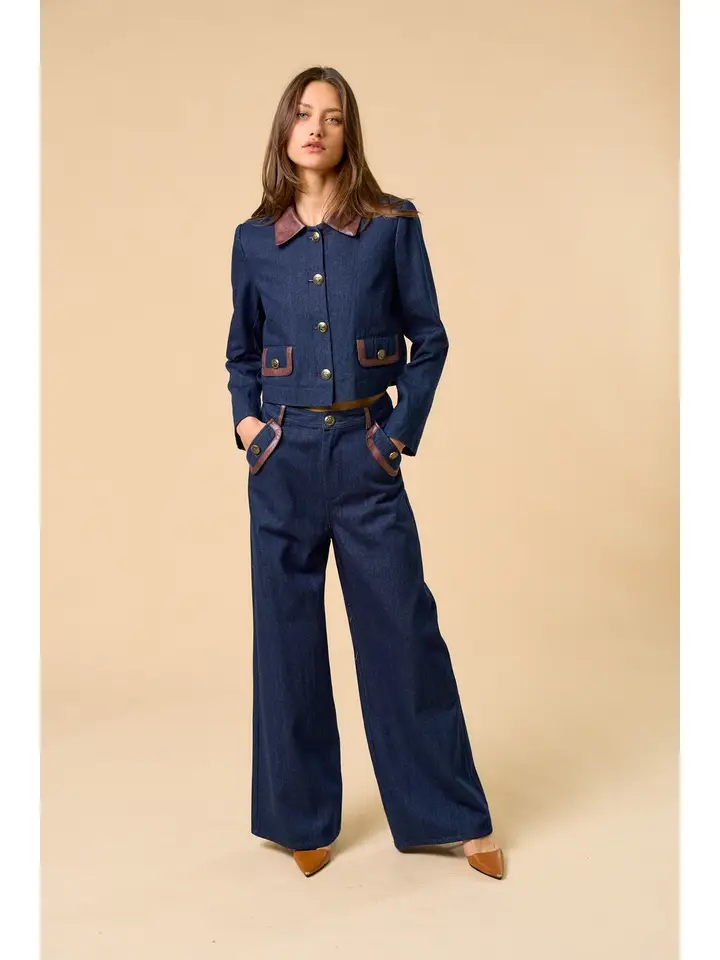 Denim Pants with Pu Leather Trim