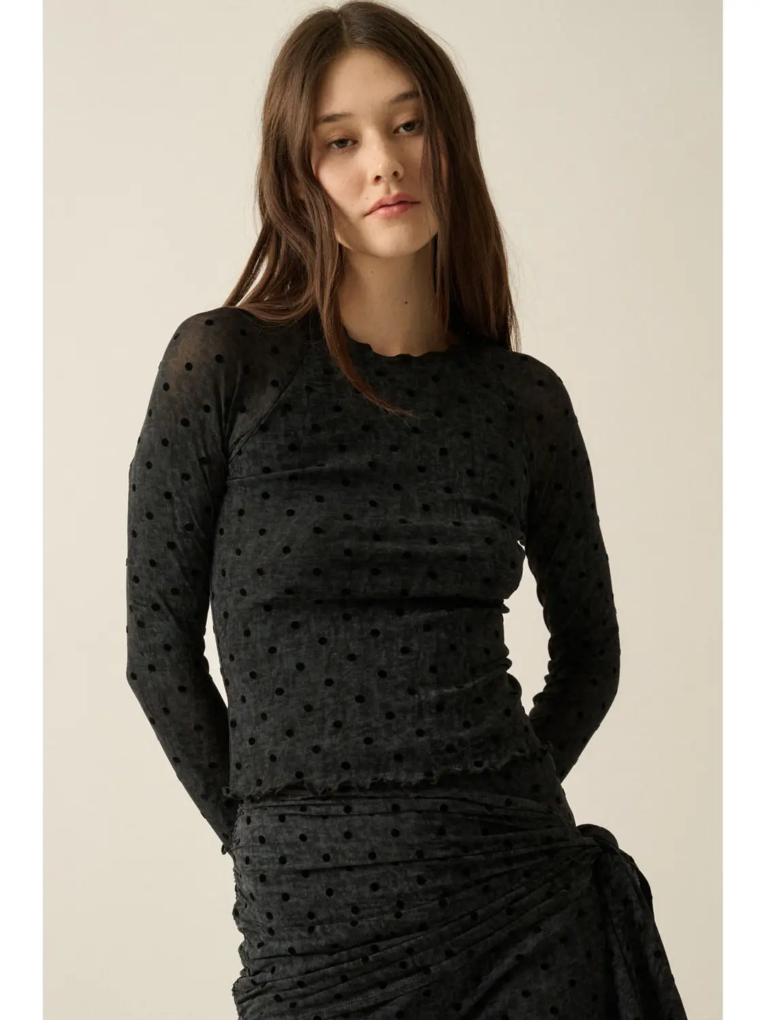 Flocked Polka Dot Burnout Mesh Thumbhole Top
