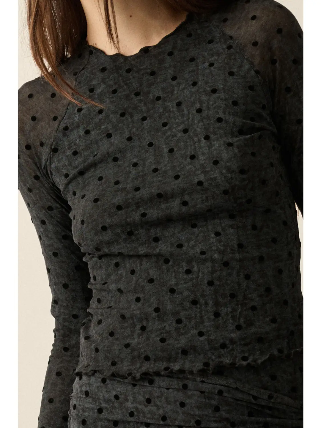 Flocked Polka Dot Burnout Mesh Thumbhole Top