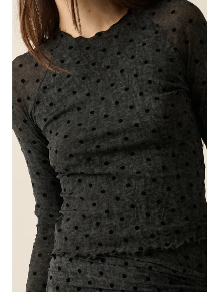 Flocked Polka Dot Burnout Mesh Thumbhole Top