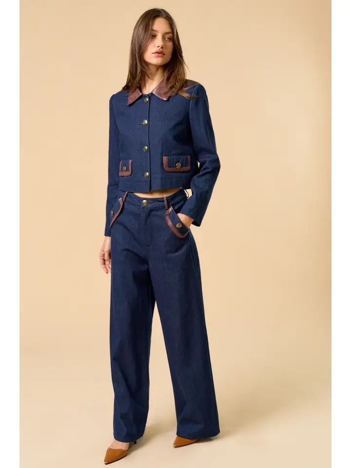 Denim Pants with Pu Leather Trim