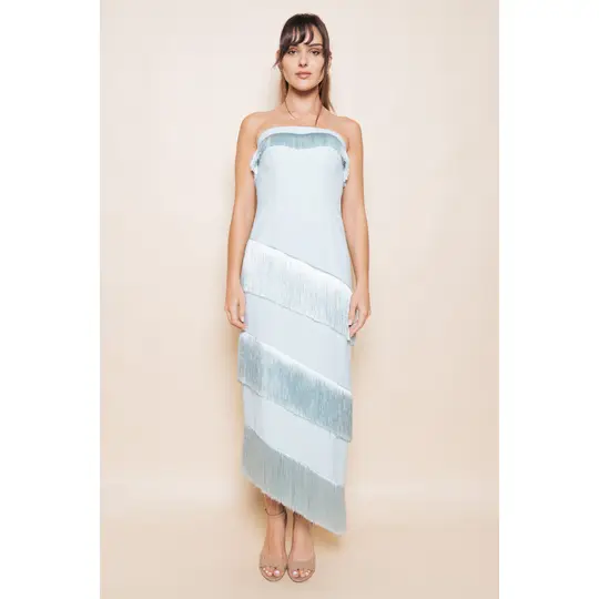 Strapless Tier Fringe Midi Dress