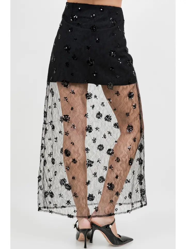 Semi Sheer Sequined Lace Midi Skirt