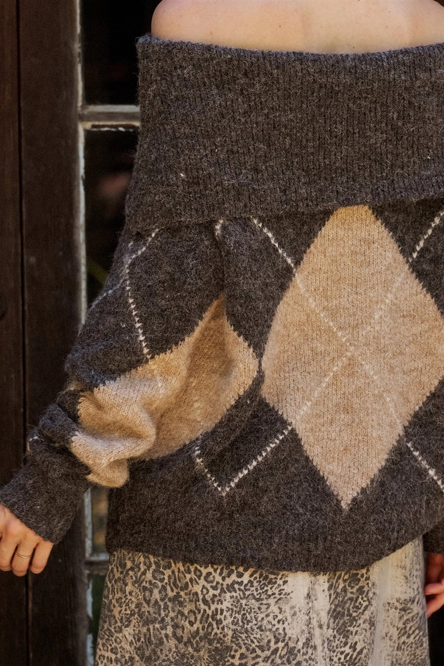 Argyle Knit Sweater with Convertible Cowl Neck