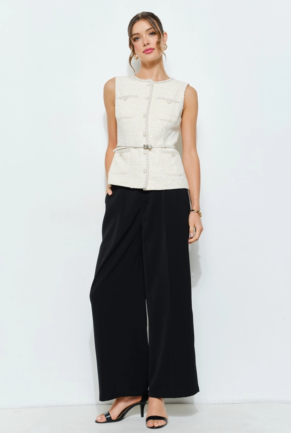 Belted Sequin Tweed Sleeveless Top (Available in Black and Cream)