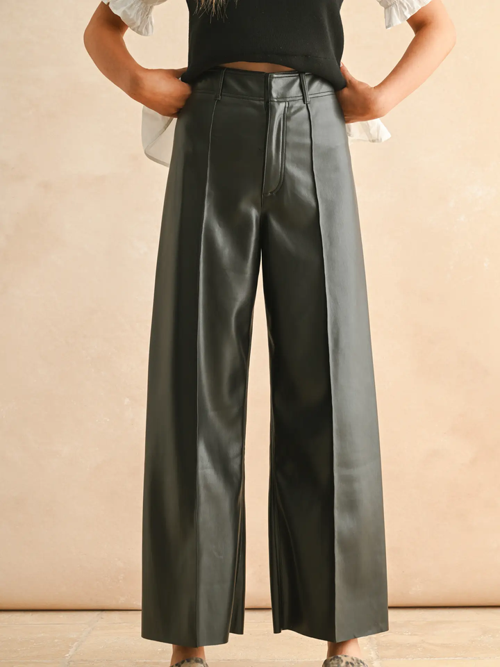 Soft PU  Leather Pintuck Detail Front Pleater Pants
