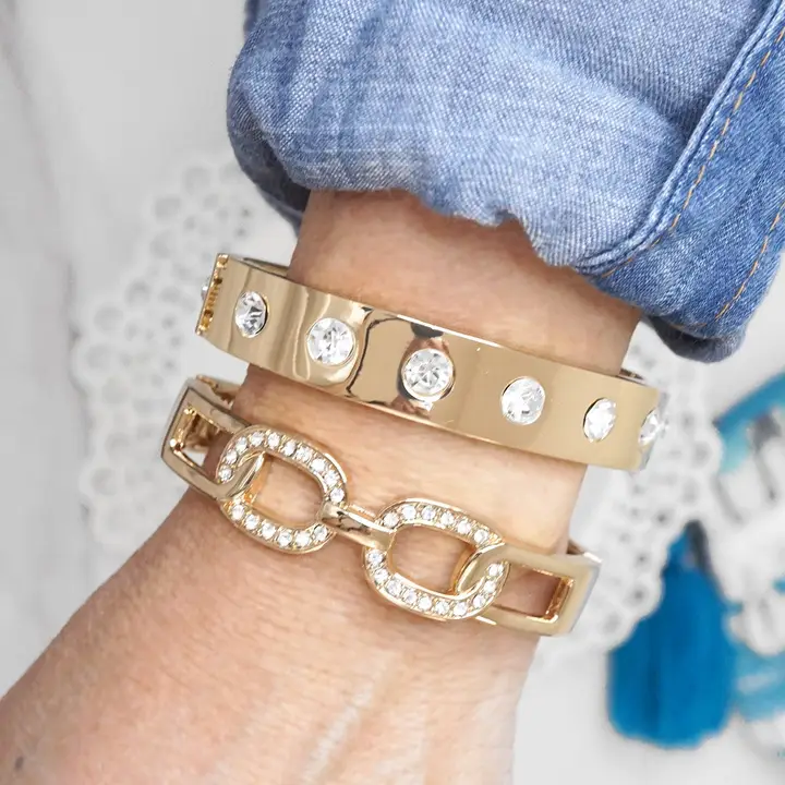 Sparkly Bangles Hinge Links Gold Tone Crystals