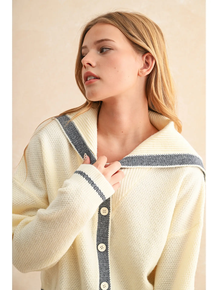 Color Contrast Sailor Style Sweater Cardigan