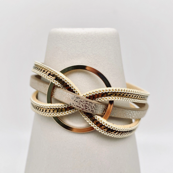 Magnetic Buckle Ring Charm Leather Bangle Bracelet(Beige only)