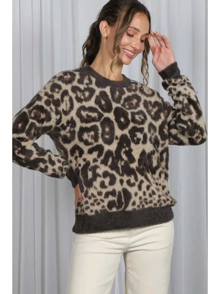 Leopard Fluffy Crewneck Fuzzy Sweater