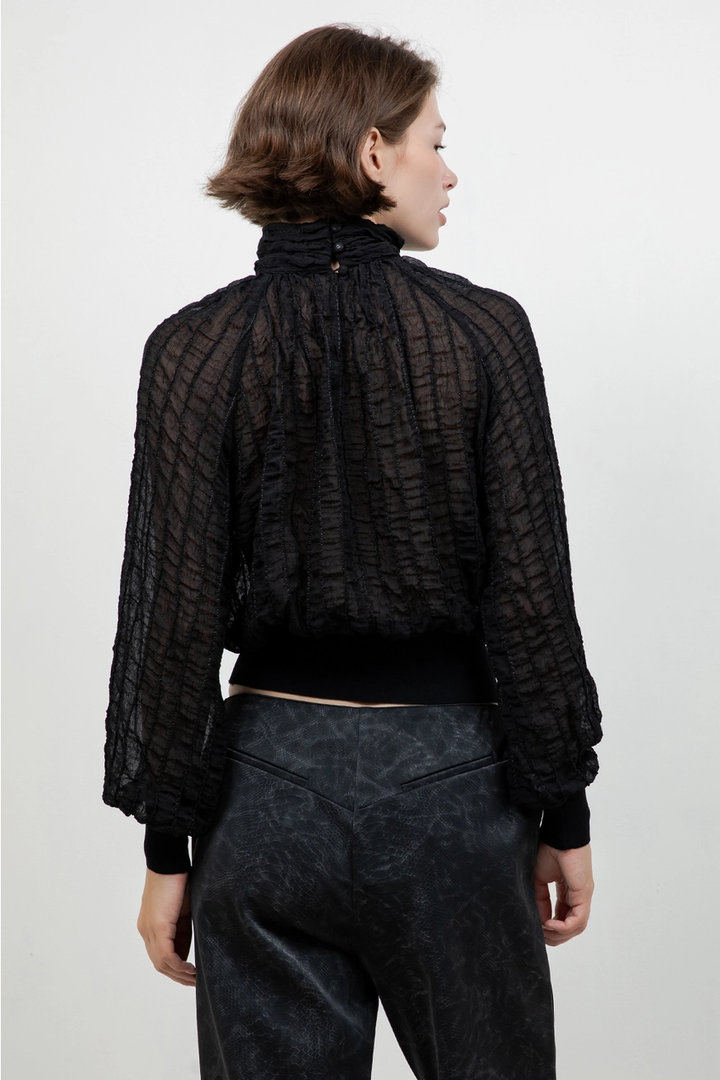Semi Sheer Turtle Neck Textured Blouse