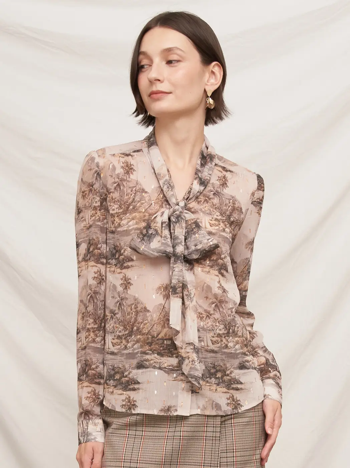 Printed Tie Neck Blouse with Lurex Accents