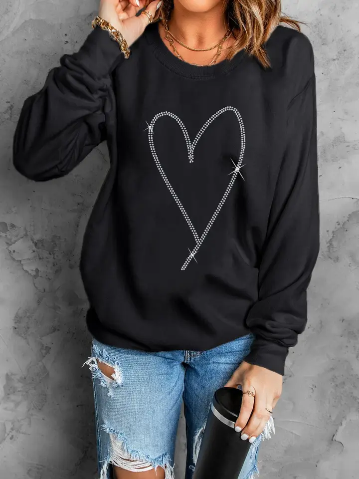 Black Rhinestone Heart Pattern Sweatshirt