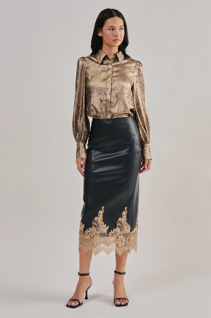 Faux Leather Midi Skirt with Lace Hem