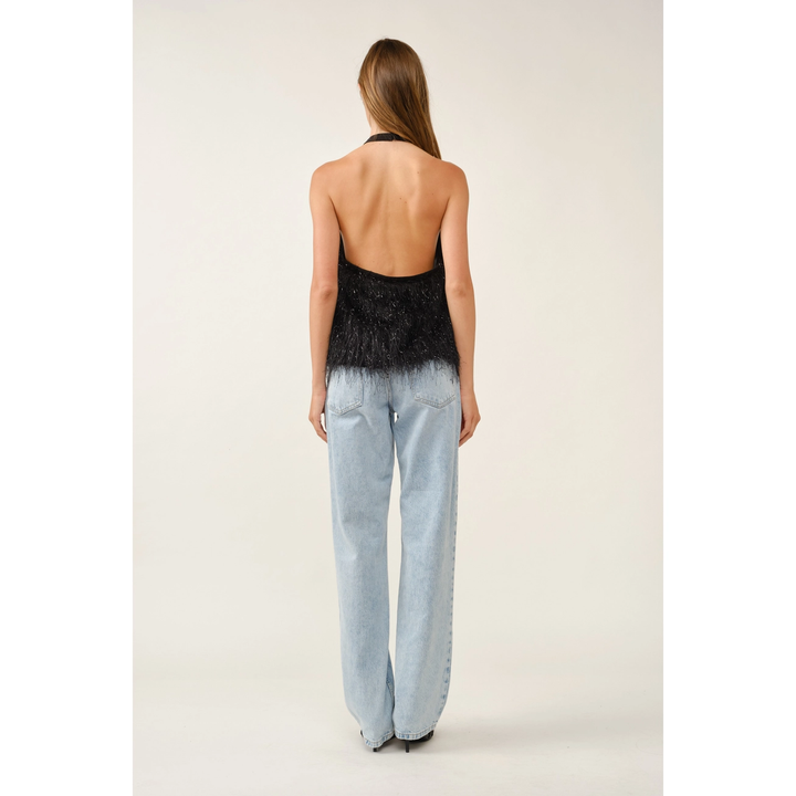Crisscross Halter Neck Feather Fringe Top