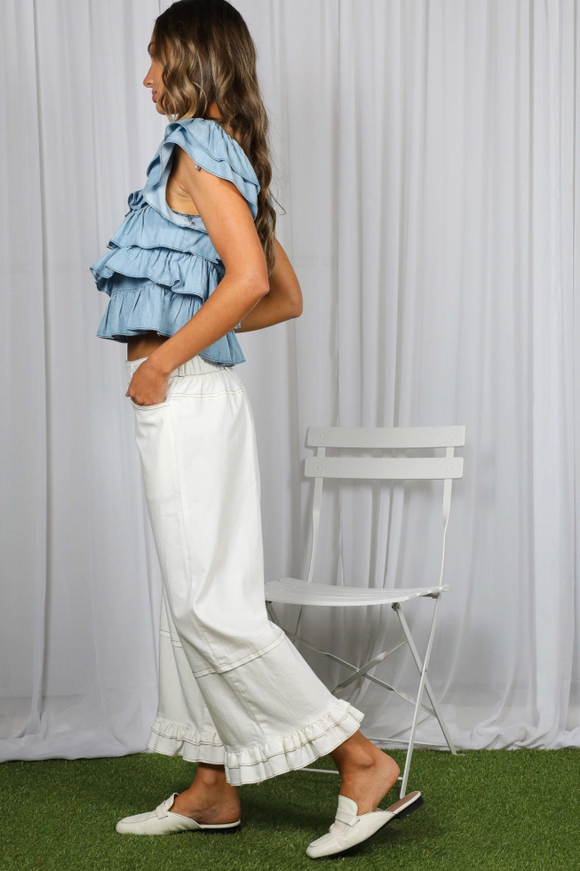 Tiered Flutter Sleeve Chambray Top