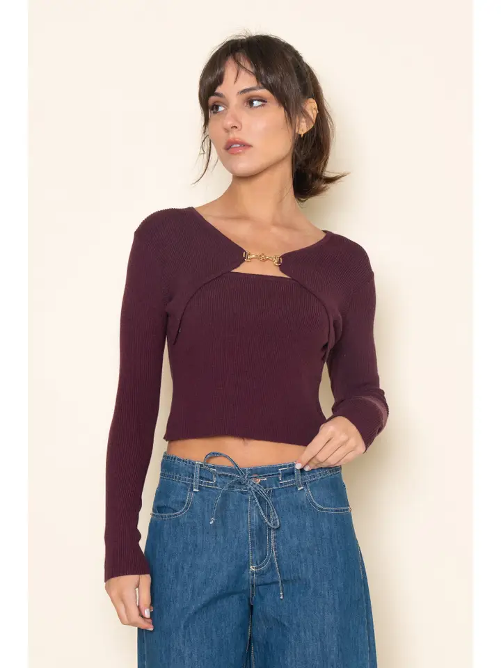 Brenna Buckle V Neck Knit Top