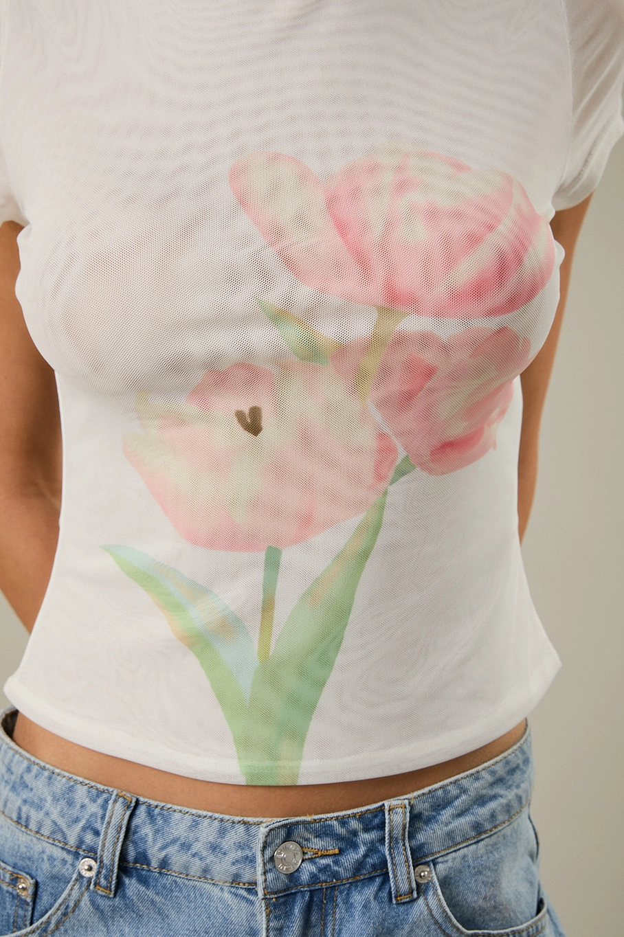 Boat Neck Flower Mesh Top