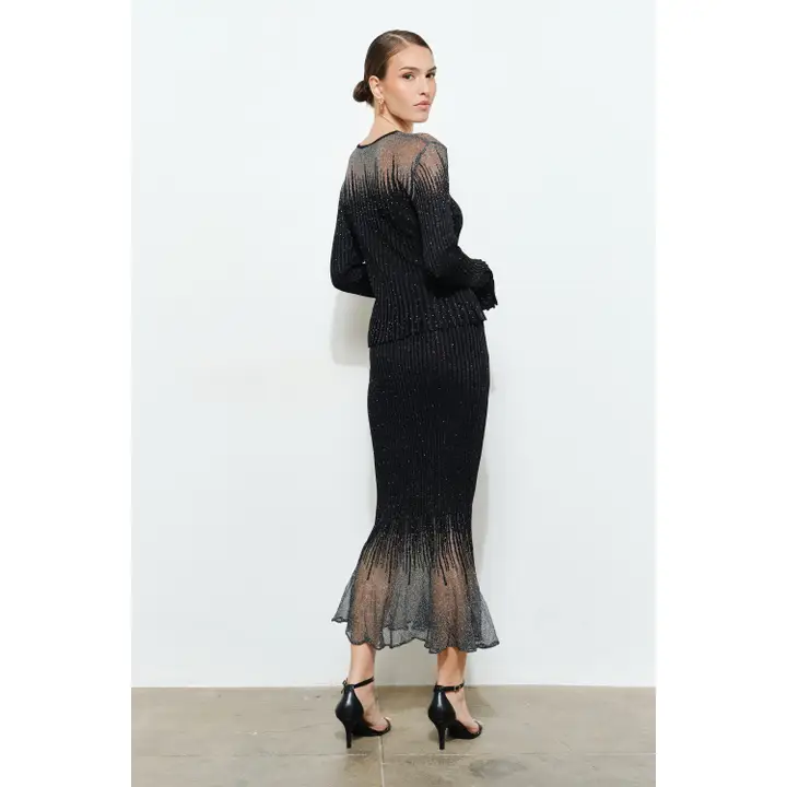 Embellished Metallic Glitter Midi Skirt